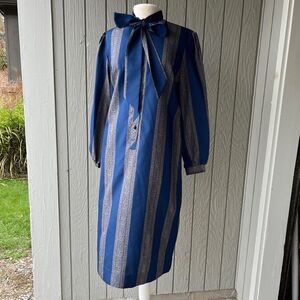 VTG Bayard Sport Blue Stripe Bow Tie Shirt Dress A-Line Made in USA L